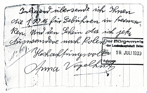 Mitteilung von Anna Vogelhut an den Bürgermeister der Stadt Detmold, 1939. StdA DT MK_90dpi.png